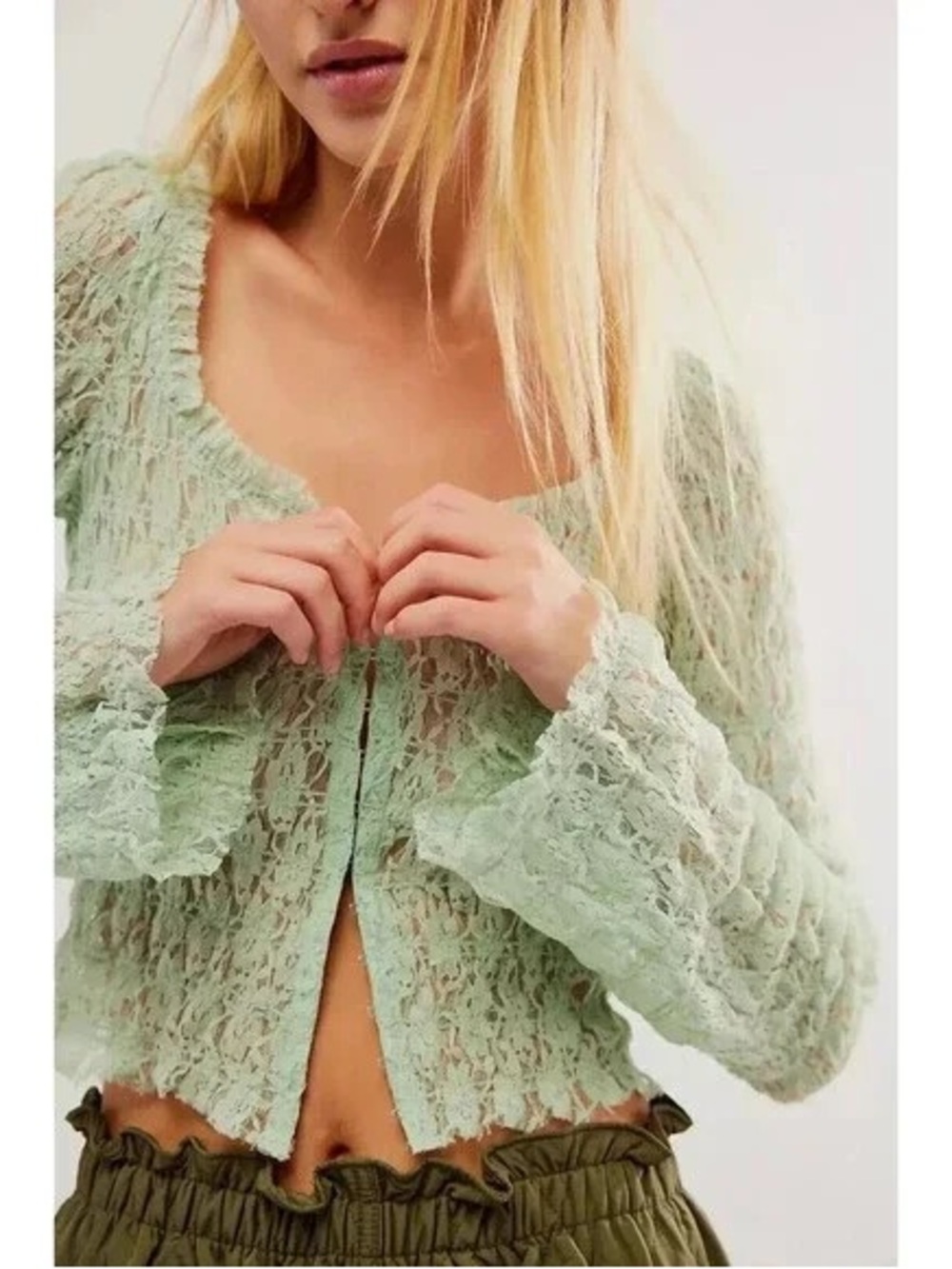 Free People Sage Green Lace Button-Front Top